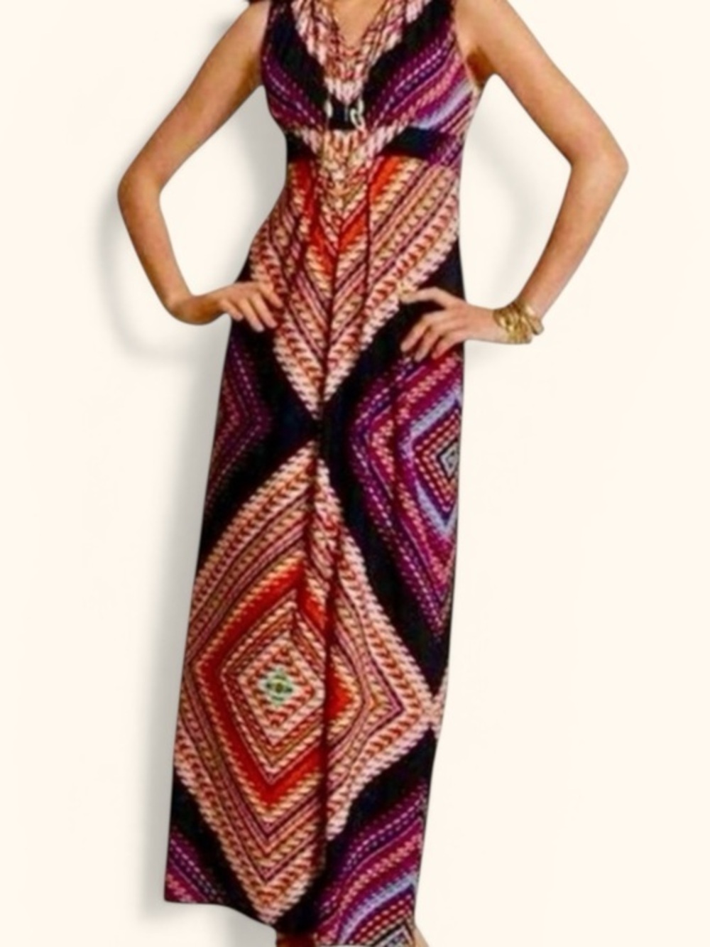 Chico’s BOHO Sleeveless Multicolor Jasmina Diamond Maxi Dress Size 4